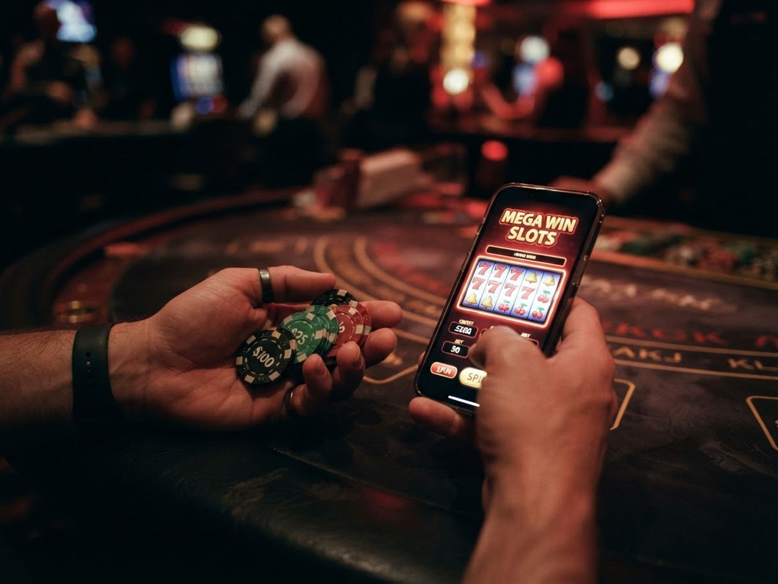 Speler vasthoudend casino chips en smartphone met slotspel