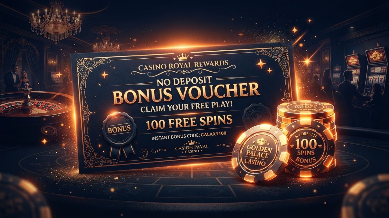 Bonus zonder storting cadeaubon en gouden chips op donkere achtergrond