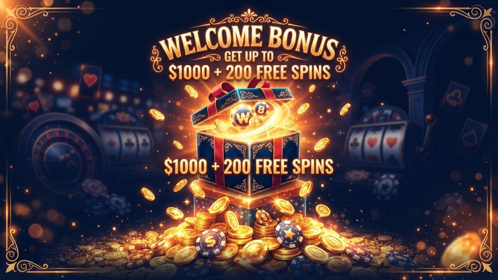Welkomstbonus gouden munten en cadeaubox op donkere achtergrond