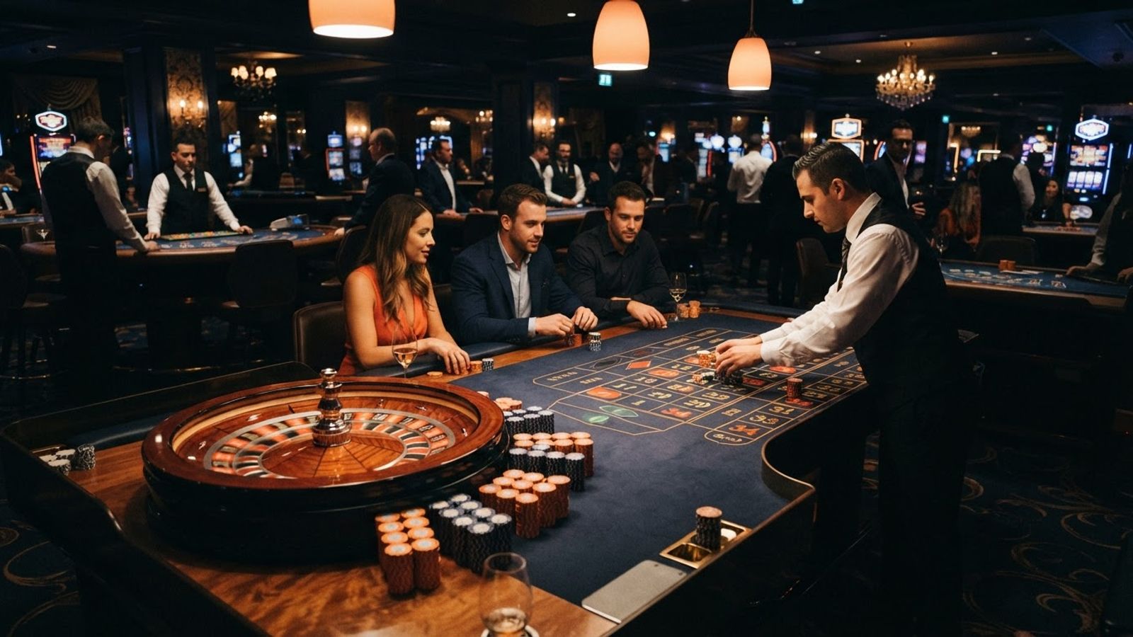 Donkere casino tafel met roulettewiel en chips in warm licht